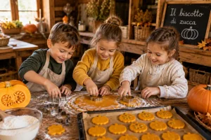 Bambini preparano biscotti di zucca durante un’attività didattica autunnale in fattoria