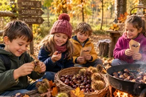 Bambini scoprono le castagne e preparano le caldarroste durante un’attività didattica nel bosco in autunno